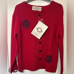 Aran Sweater Market Red Cardigan Lambswool Silk Irish Knit Celtic Embroidery Aut